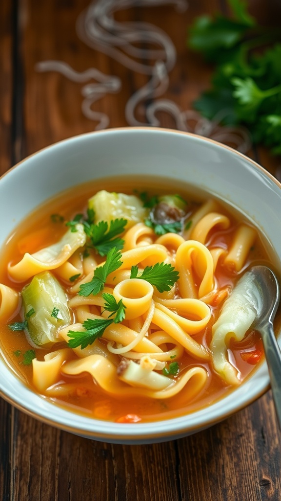 A steaming bowl of cabbage noodle soup with noodles, cabbage, and parsley, on a rustic wooden table.